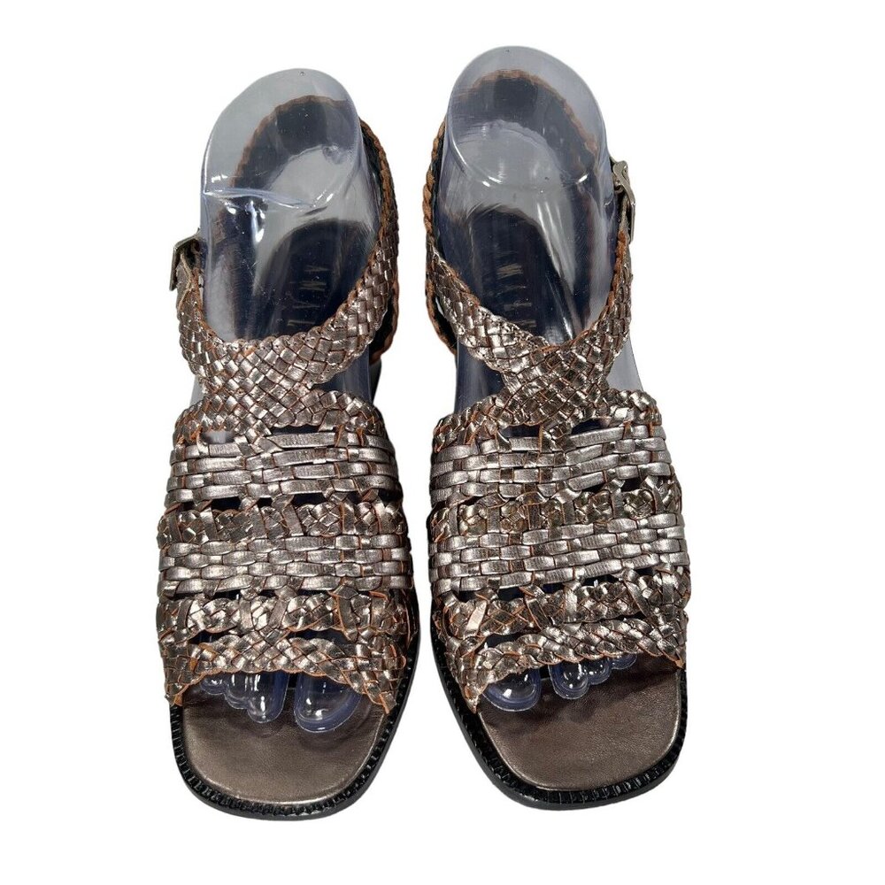 Amalfi Metallic Woven Leather Sandals Block Heel Italy Sz 7 B Strappy Open Toe - Picture 9 of 13